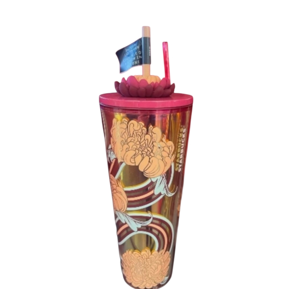 Starbucks NWT 2024 Holiday Chrysanthemum 24 oz Tumbler•Silicone lid topper ✨️